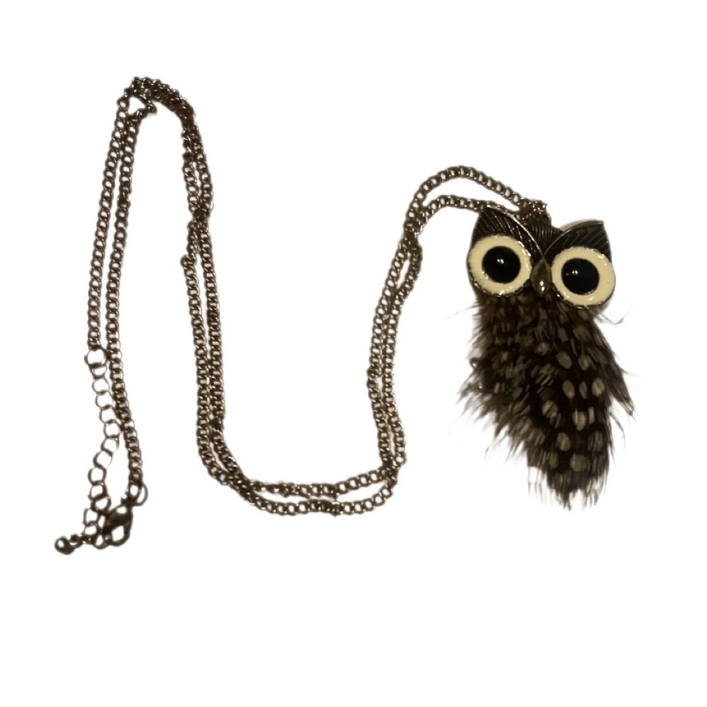 Silver Owl Pendant Necklace Boho Feather Statement Long Chain - Picture 2 of 3